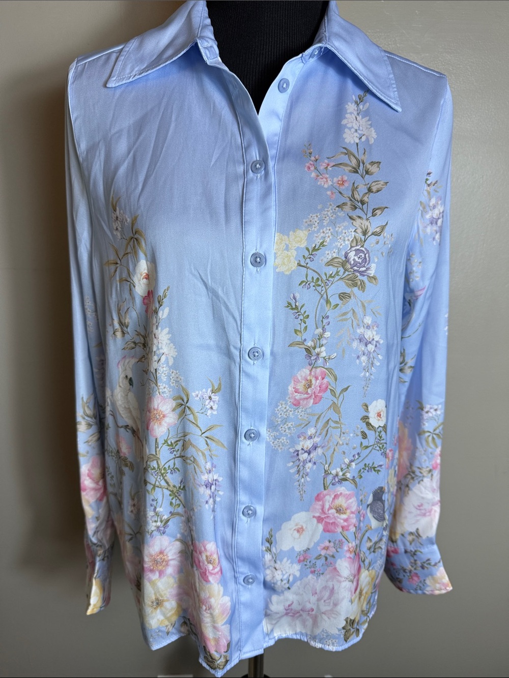 Rachel Zoe Light Blue Floral Birds Button-Down Shirt Sz M NWT